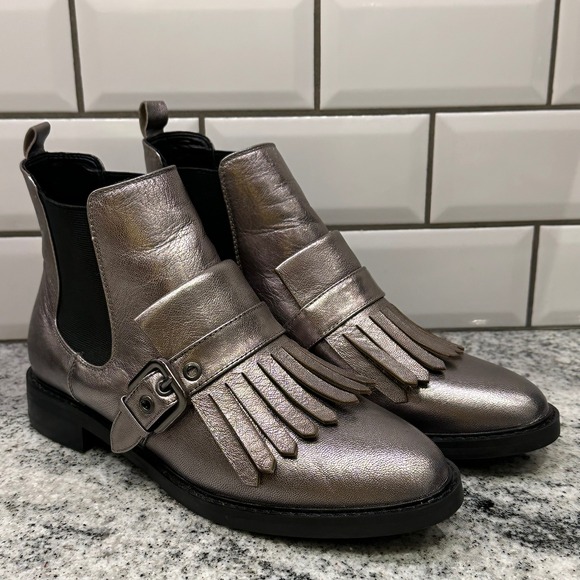 Marc Fisher Shoes - Marc Fisher Womens 7.5 Ankle Boots Pewter Metallic Kiltie Fringe Monk Strap Moto